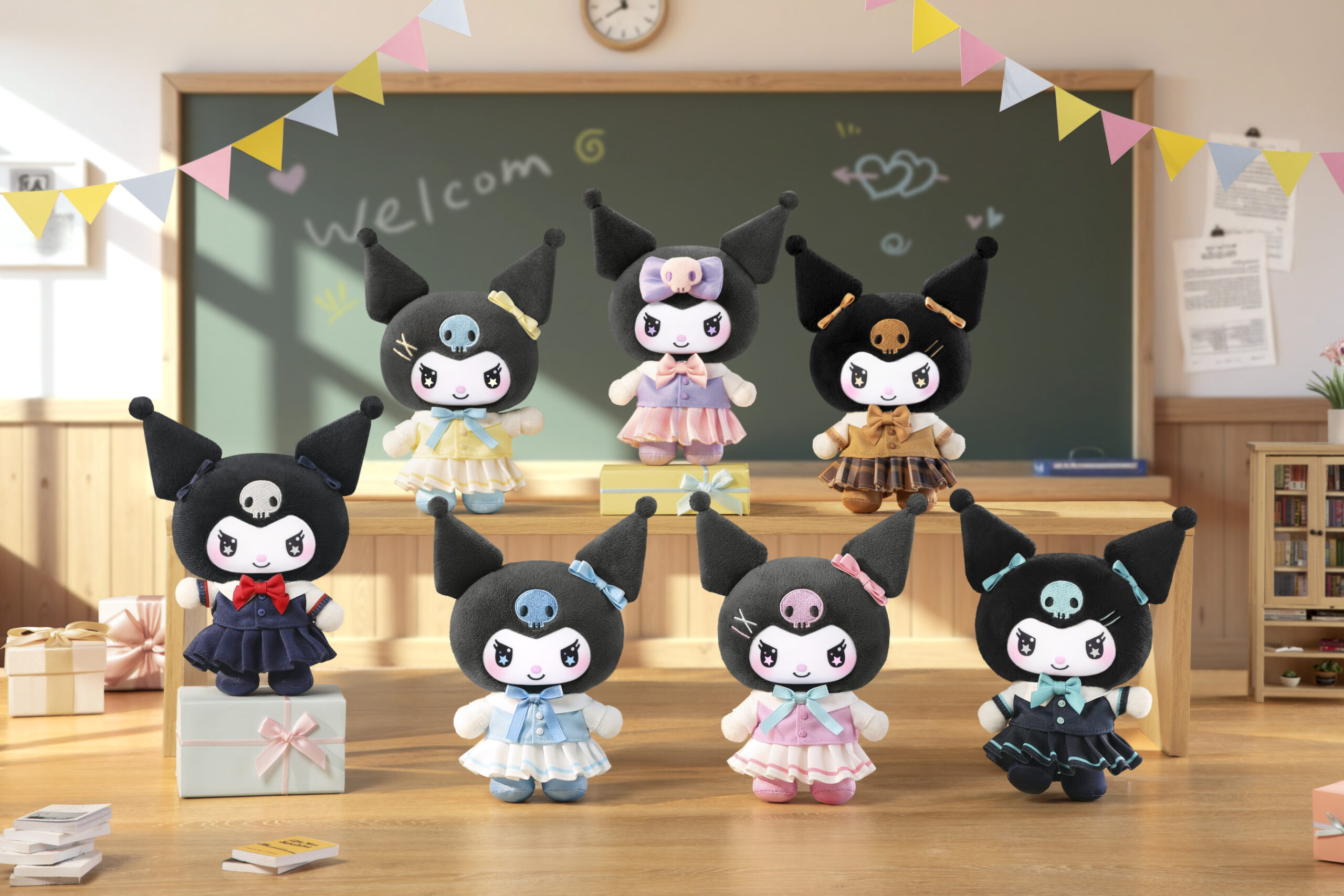 Collection of Kuromi plush dolls dressed in colorful school-style outfits displayed in a classroom setting.