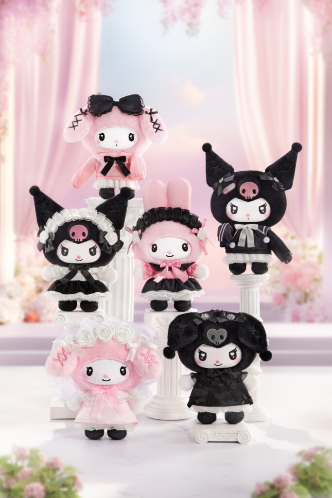 Collection of My Melody and Kuromi plush dolls dressed in pink, black, and gothic-inspired outfits displayed on decorative white pedestals.