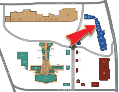 Map of The Crossings at Corona shopping center highlighting the future Miniso location in the B-building area near Temescal Canyon Road.