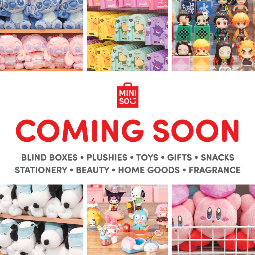 Promotional graphic for Miniso featuring collectible toys, plushies, beauty products, and “Coming Soon” text.